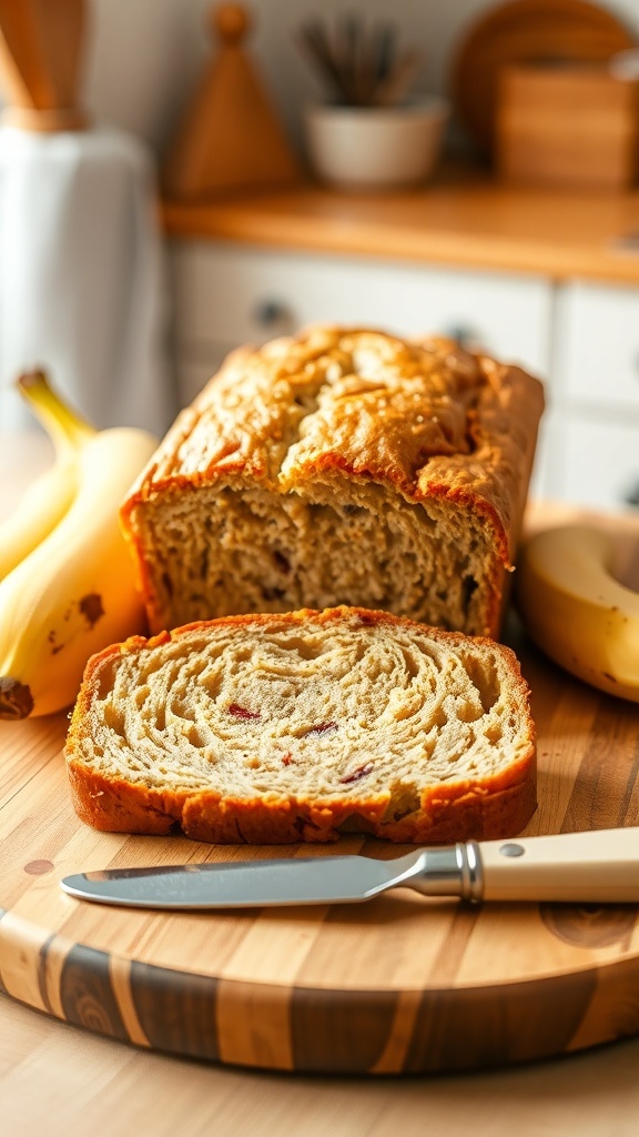 Classic Banana Bread Loaf Recipe A golden brown banana bread loaf sliced on a cutting board with ripe bananas beside it.